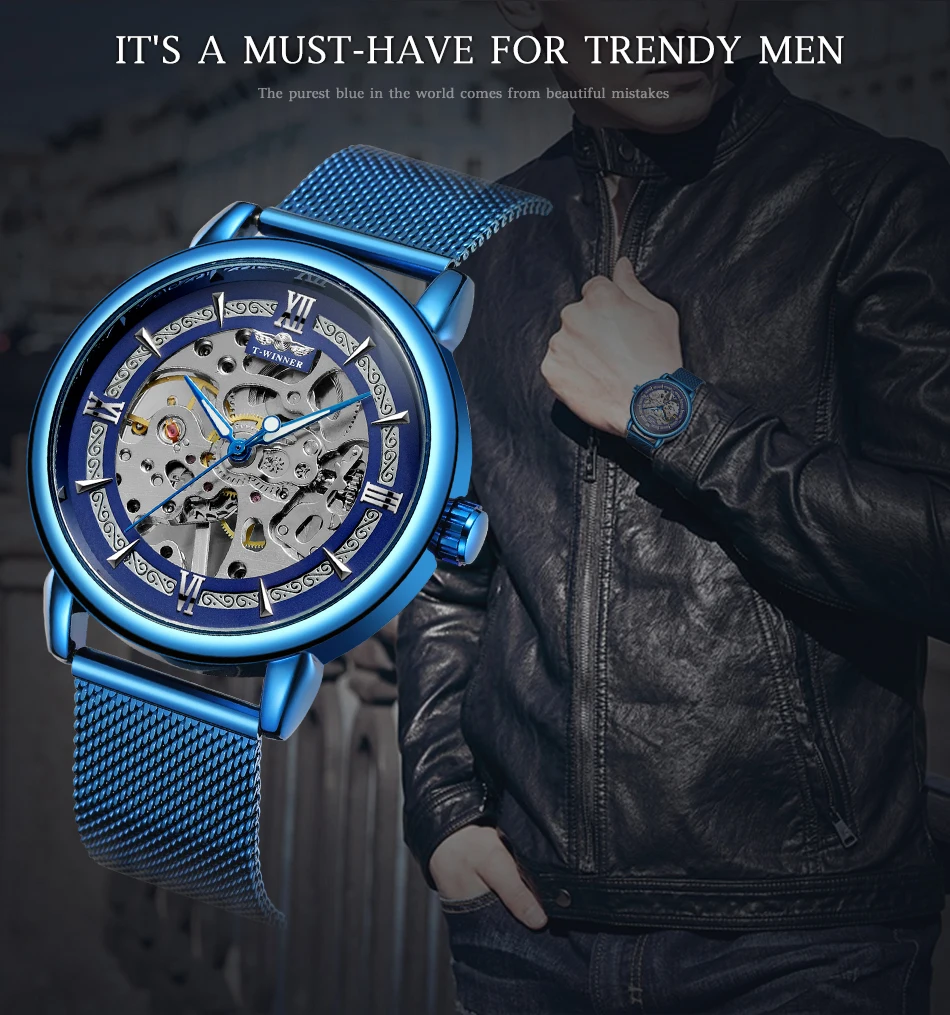 WINNER-Montres mécaniques manuelles pour hommes, modules transparents officiels, montre-bracelet vintage en bronze, horloge pour homme, bracelet en maille