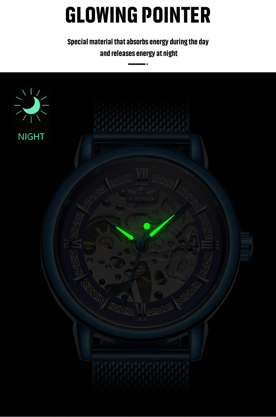 WINNER-Montres mécaniques manuelles pour hommes, modules transparents officiels, montre-bracelet vintage en bronze, horloge pour homme, bracelet en maille