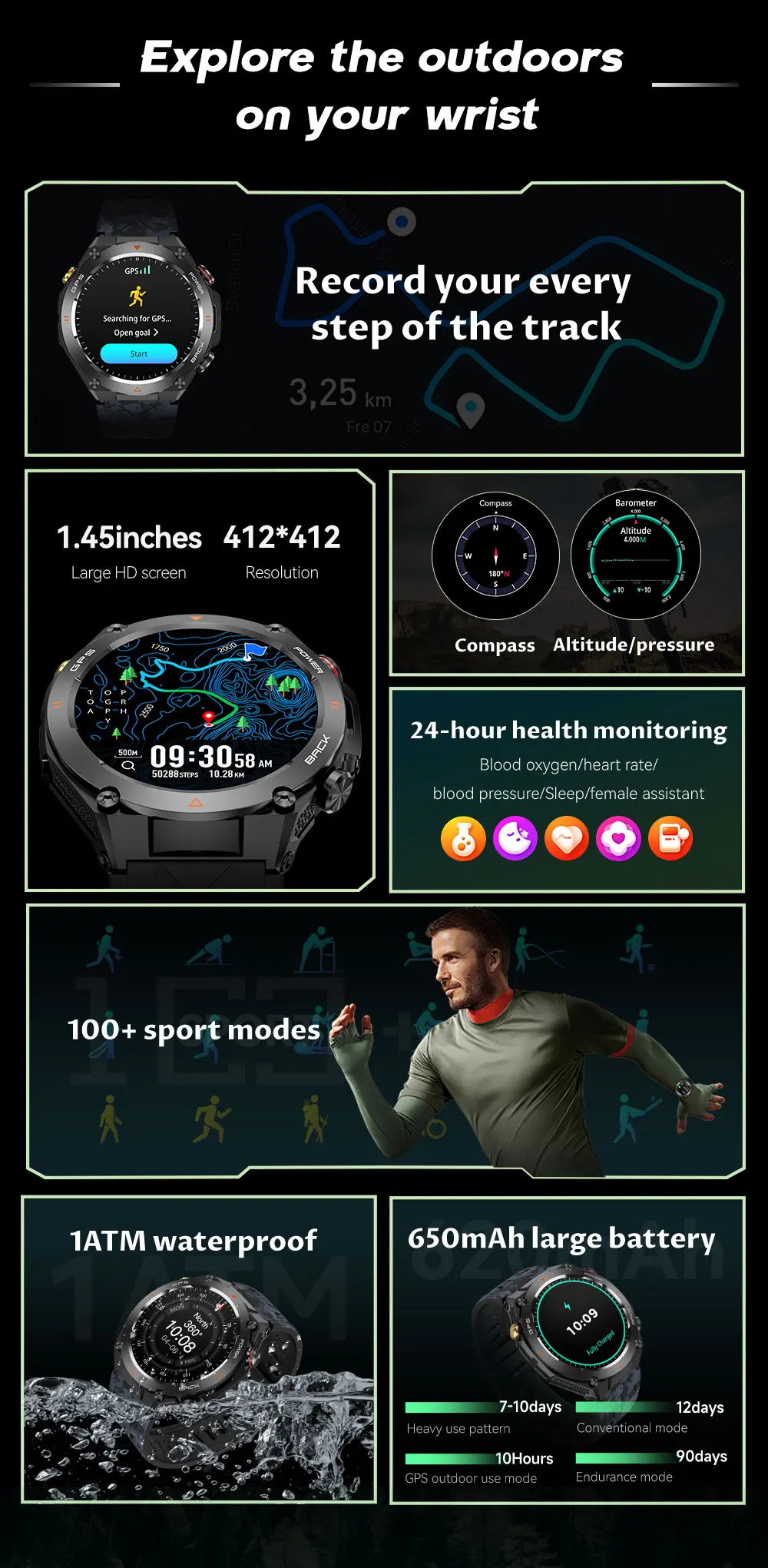 HUAWEI-Montre Connectée GPS pour l'Extérieur, Écran HD AMOLED 2024x412, Fréquence Cardiaque, Appel Bluetooth, Étanche IP68, Bracelet Intelligent pour Homme, Nouveauté 412