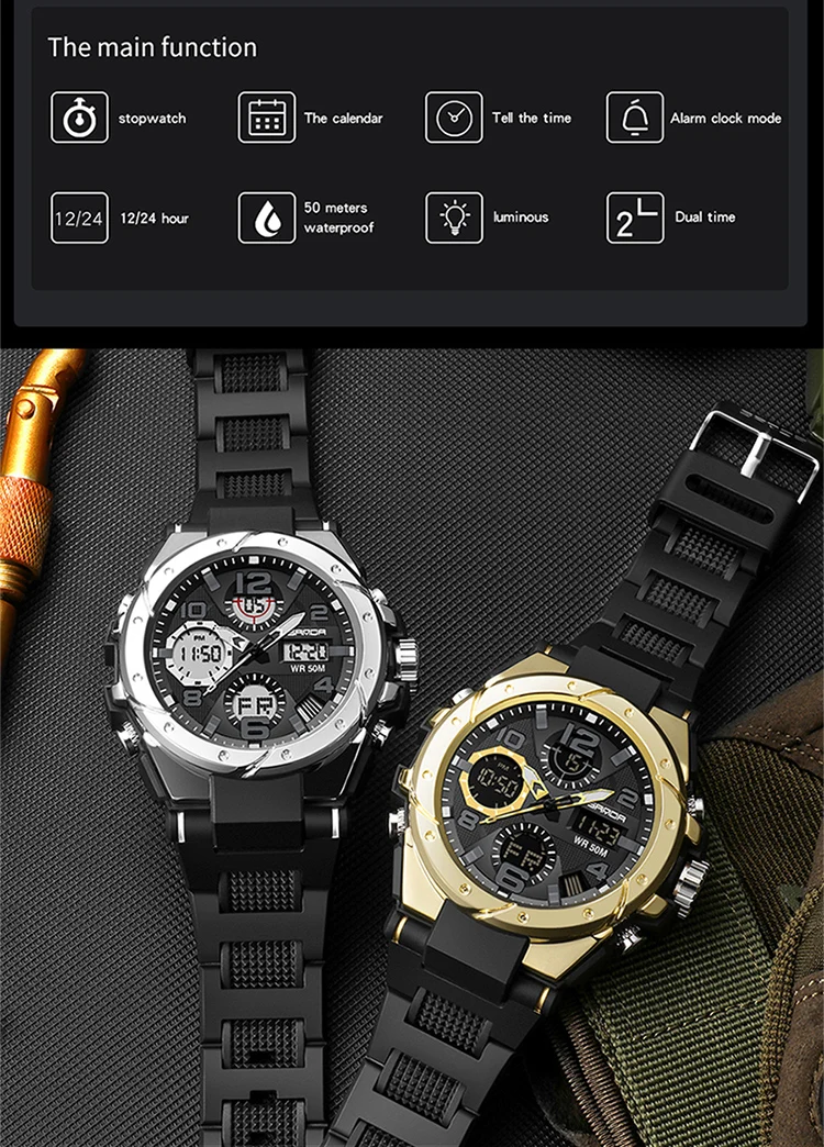 SANDA-Montre Militaire de Natation Étanche pour Homme, Montres de dehors, Affichage Touristique, Analogique, Numérique, LED, Montres-Bracelets Électroniques à Quartz, 6008