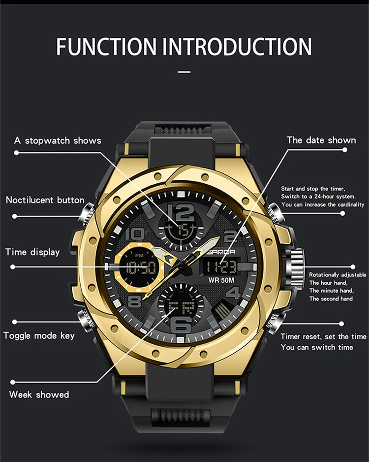 SANDA-Montre Militaire de Natation Étanche pour Homme, Montres de dehors, Affichage Touristique, Analogique, Numérique, LED, Montres-Bracelets Électroniques à Quartz, 6008