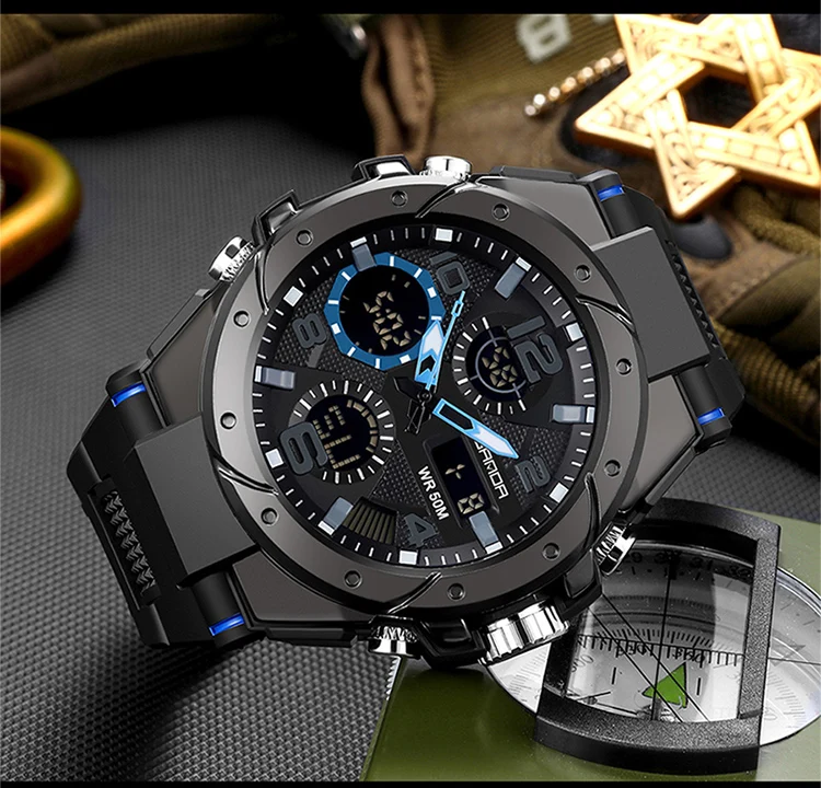 SANDA-Montre Militaire de Natation Étanche pour Homme, Montres de dehors, Affichage Touristique, Analogique, Numérique, LED, Montres-Bracelets Électroniques à Quartz, 6008