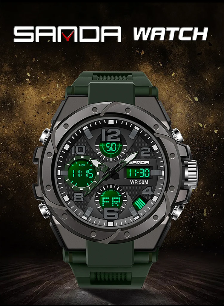 SANDA-Montre Militaire de Natation Étanche pour Homme, Montres de dehors, Affichage Touristique, Analogique, Numérique, LED, Montres-Bracelets Électroniques à Quartz, 6008