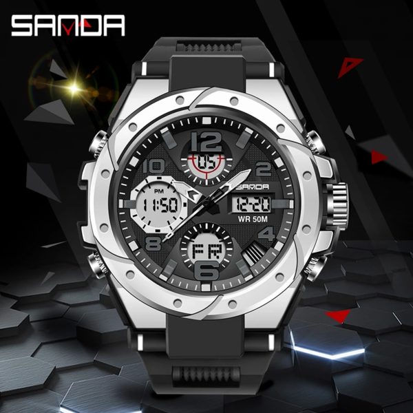 SANDA-Montre Militaire de Natation Étanche pour Homme, Montres de dehors, Affichage Touristique, Analogique, Numérique, LED, Montres-Bracelets Électroniques à Quartz, 6008 – Image 3