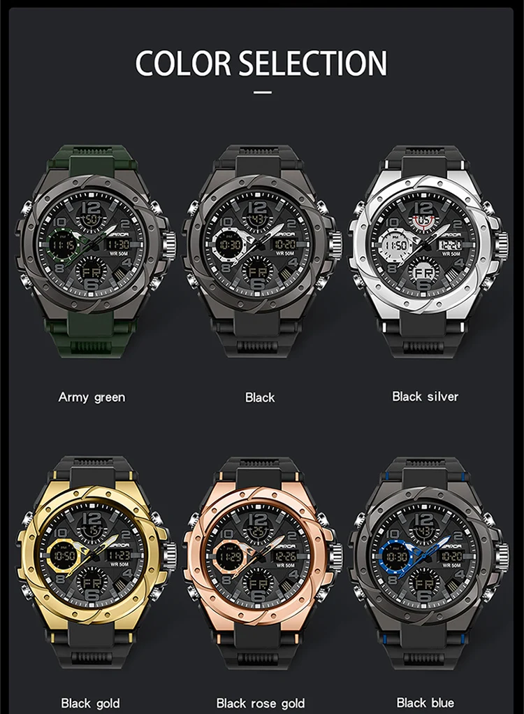 SANDA-Montre Militaire de Natation Étanche pour Homme, Montres de dehors, Affichage Touristique, Analogique, Numérique, LED, Montres-Bracelets Électroniques à Quartz, 6008