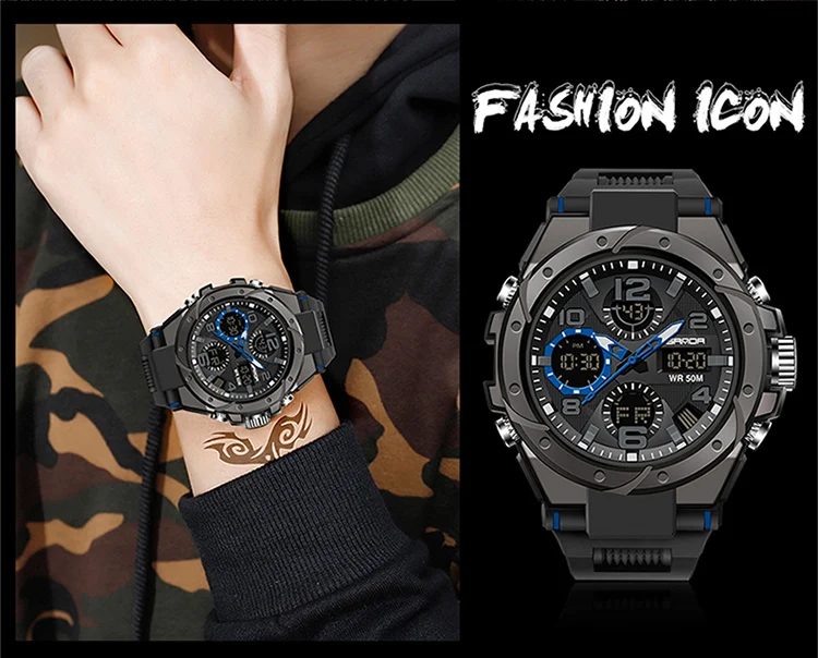 SANDA-Montre Militaire de Natation Étanche pour Homme, Montres de dehors, Affichage Touristique, Analogique, Numérique, LED, Montres-Bracelets Électroniques à Quartz, 6008