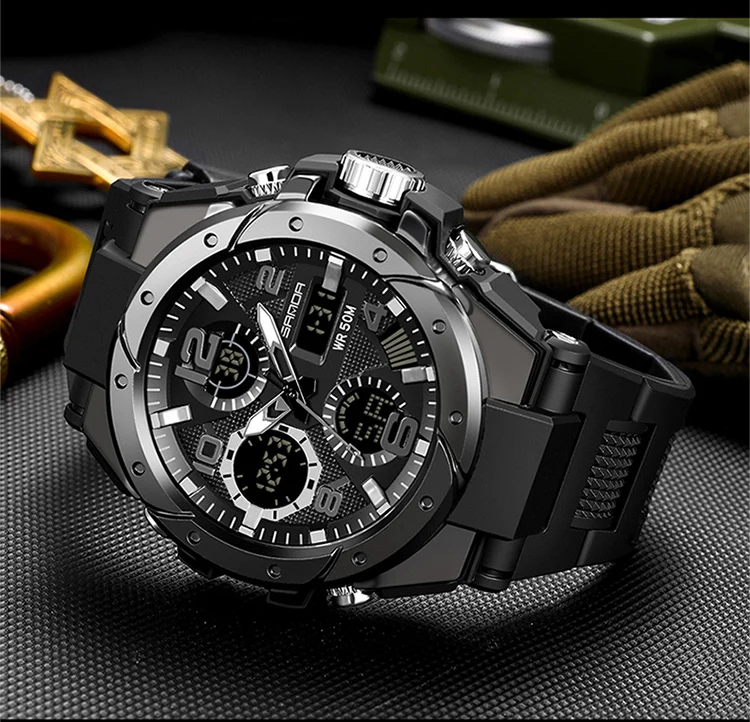 SANDA-Montre Militaire de Natation Étanche pour Homme, Montres de dehors, Affichage Touristique, Analogique, Numérique, LED, Montres-Bracelets Électroniques à Quartz, 6008
