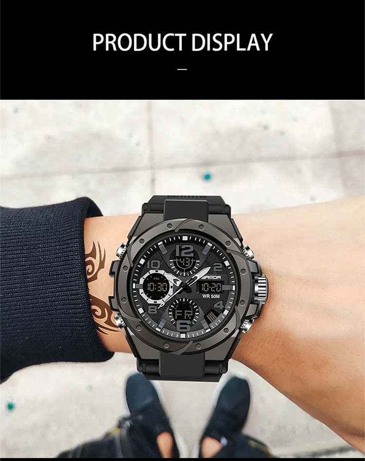 SANDA-Montre Militaire de Natation Étanche pour Homme, Montres de dehors, Affichage Touristique, Analogique, Numérique, LED, Montres-Bracelets Électroniques à Quartz, 6008