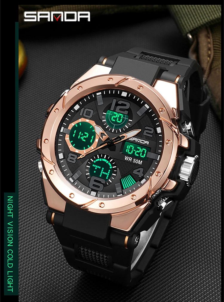 SANDA-Montre Militaire de Natation Étanche pour Homme, Montres de dehors, Affichage Touristique, Analogique, Numérique, LED, Montres-Bracelets Électroniques à Quartz, 6008