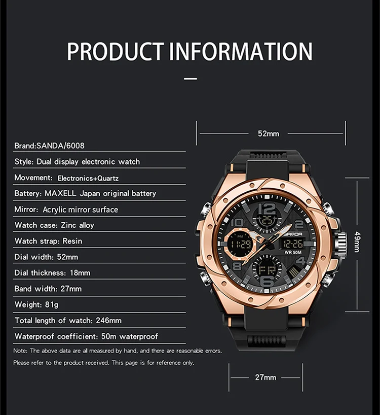 SANDA-Montre Militaire de Natation Étanche pour Homme, Montres de dehors, Affichage Touristique, Analogique, Numérique, LED, Montres-Bracelets Électroniques à Quartz, 6008