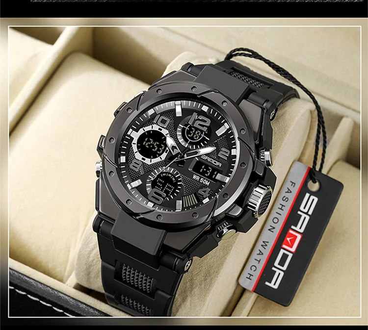 SANDA-Montre Militaire de Natation Étanche pour Homme, Montres de dehors, Affichage Touristique, Analogique, Numérique, LED, Montres-Bracelets Électroniques à Quartz, 6008