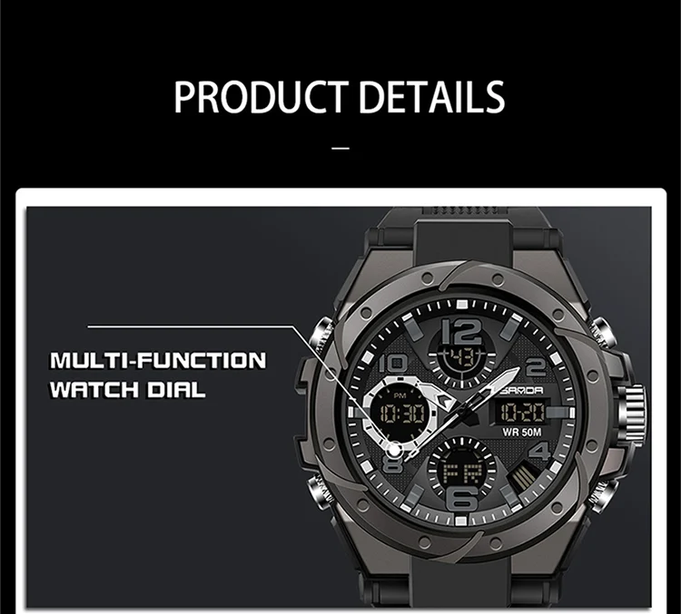 SANDA-Montre Militaire de Natation Étanche pour Homme, Montres de dehors, Affichage Touristique, Analogique, Numérique, LED, Montres-Bracelets Électroniques à Quartz, 6008