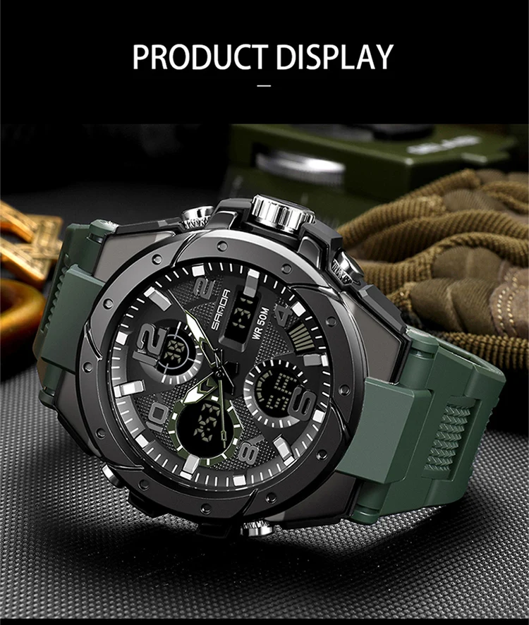 SANDA-Montre Militaire de Natation Étanche pour Homme, Montres de dehors, Affichage Touristique, Analogique, Numérique, LED, Montres-Bracelets Électroniques à Quartz, 6008