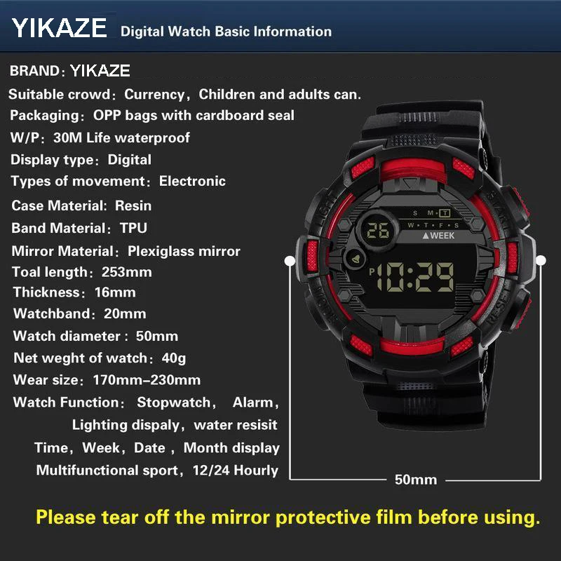 Montres numériques militaires pour hommes, montre-bracelet électronique de sport, horloge à grand cadran, étanche, garçon, enfant, 50mm