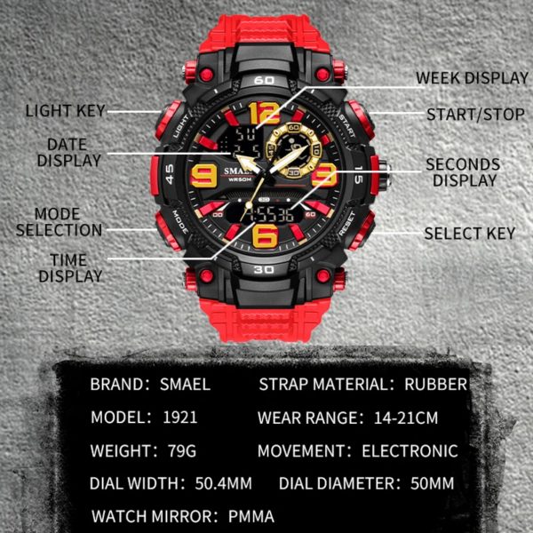 SMAEL Top montres de luxe hommes double affichage montre étanche hommes Sport montre-bracelet hommes militaire armée horloge mâle chronomètre 1921 – Image 5