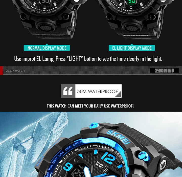 SKMEI-Montre-bracelet numérique de sport pour homme, étanche, affichage des touristes, militaire, 5 bars, 1155B