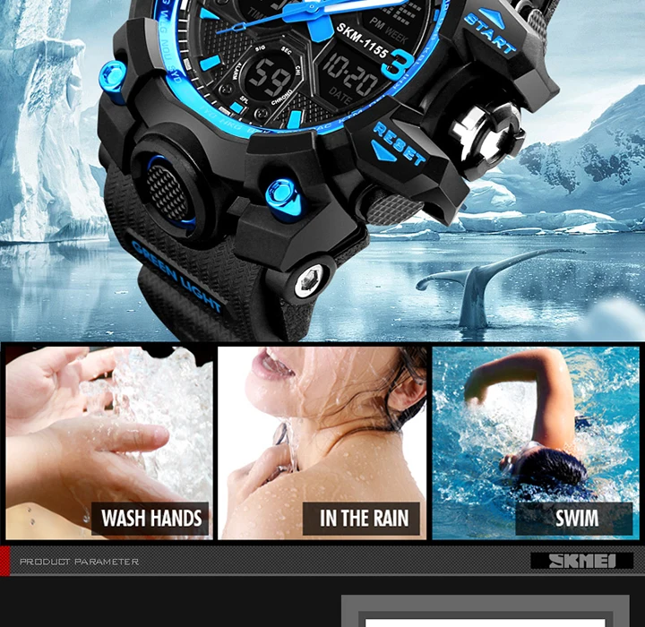SKMEI-Montre-bracelet numérique de sport pour homme, étanche, affichage des touristes, militaire, 5 bars, 1155B