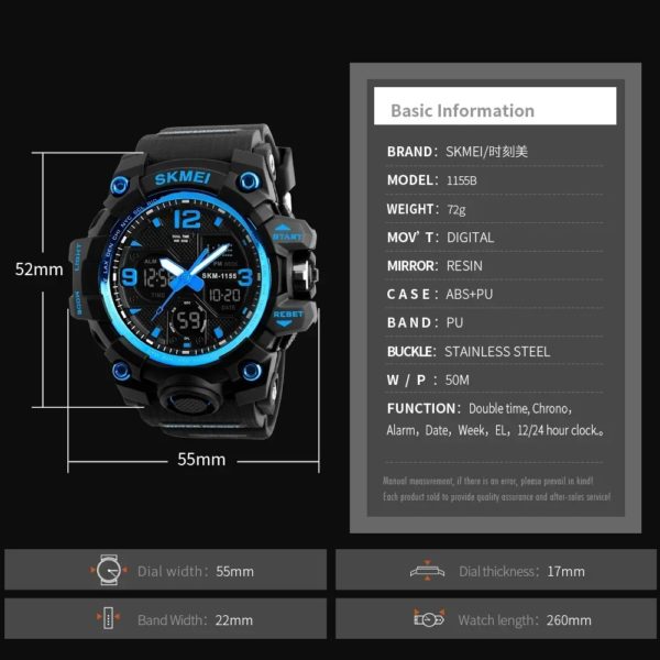 SKMEI-Montre-bracelet numérique de sport pour homme, étanche, affichage des touristes, militaire, 5 bars, 1155B – Image 6