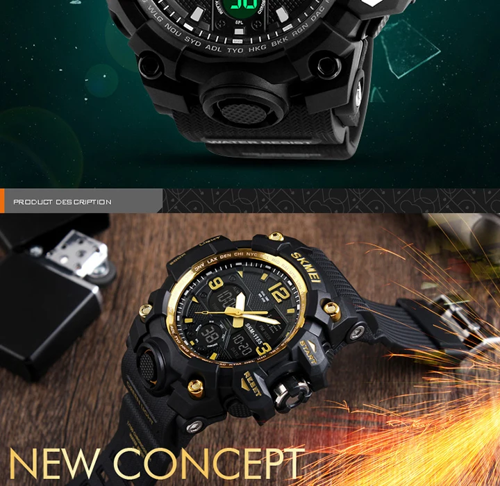 SKMEI-Montre-bracelet numérique de sport pour homme, étanche, affichage des touristes, militaire, 5 bars, 1155B