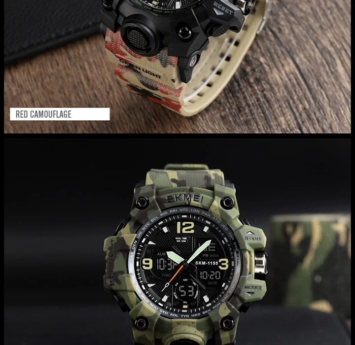 SKMEI-Montre-bracelet numérique de sport pour homme, étanche, affichage des touristes, militaire, 5 bars, 1155B