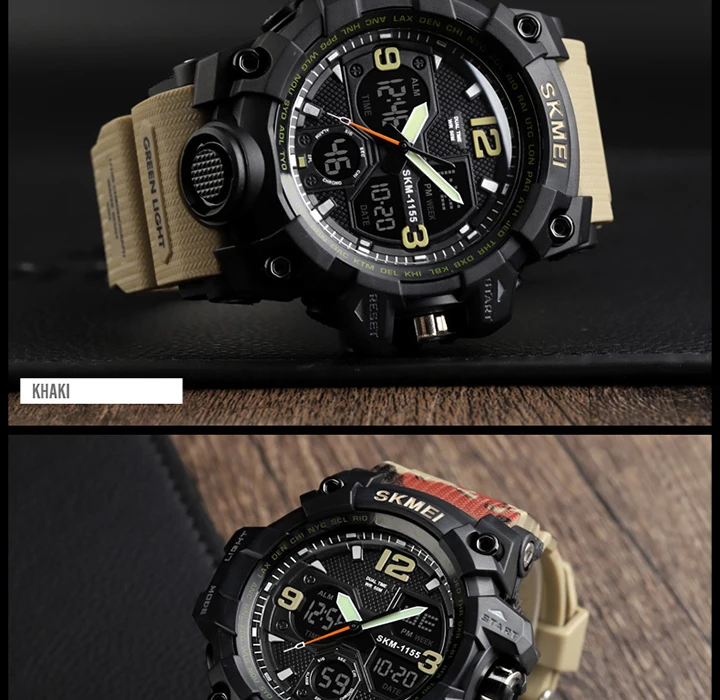 SKMEI-Montre-bracelet numérique de sport pour homme, étanche, affichage des touristes, militaire, 5 bars, 1155B