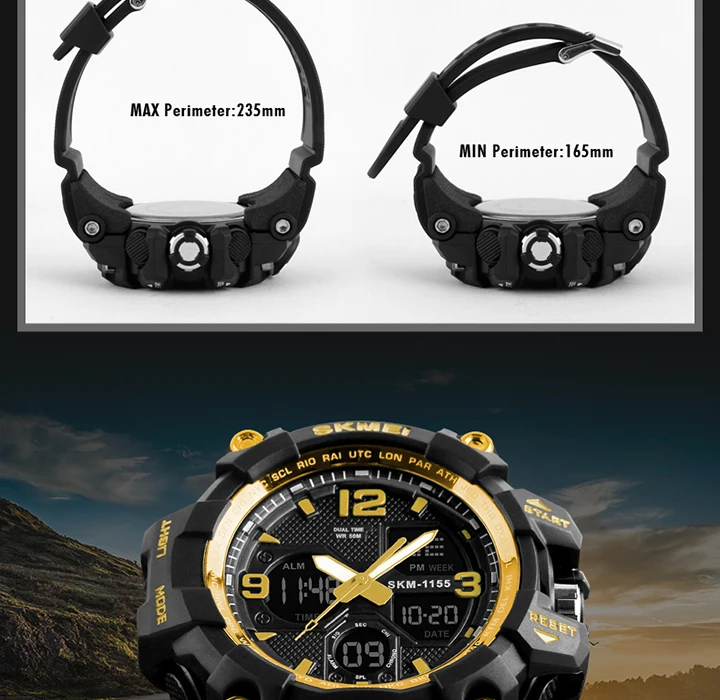 SKMEI-Montre-bracelet numérique de sport pour homme, étanche, affichage des touristes, militaire, 5 bars, 1155B
