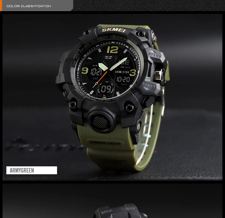 SKMEI-Montre-bracelet numérique de sport pour homme, étanche, affichage des touristes, militaire, 5 bars, 1155B