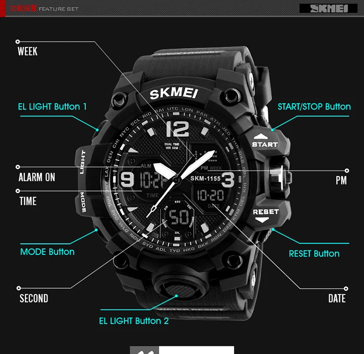 SKMEI-Montre-bracelet numérique de sport pour homme, étanche, affichage des touristes, militaire, 5 bars, 1155B