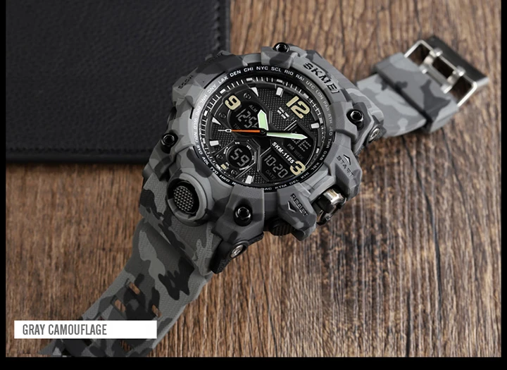 SKMEI-Montre-bracelet numérique de sport pour homme, étanche, affichage des touristes, militaire, 5 bars, 1155B