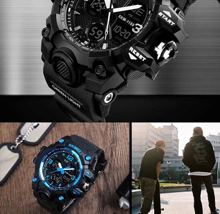 SKMEI-Montre-bracelet numérique de sport pour homme, étanche, affichage des touristes, militaire, 5 bars, 1155B