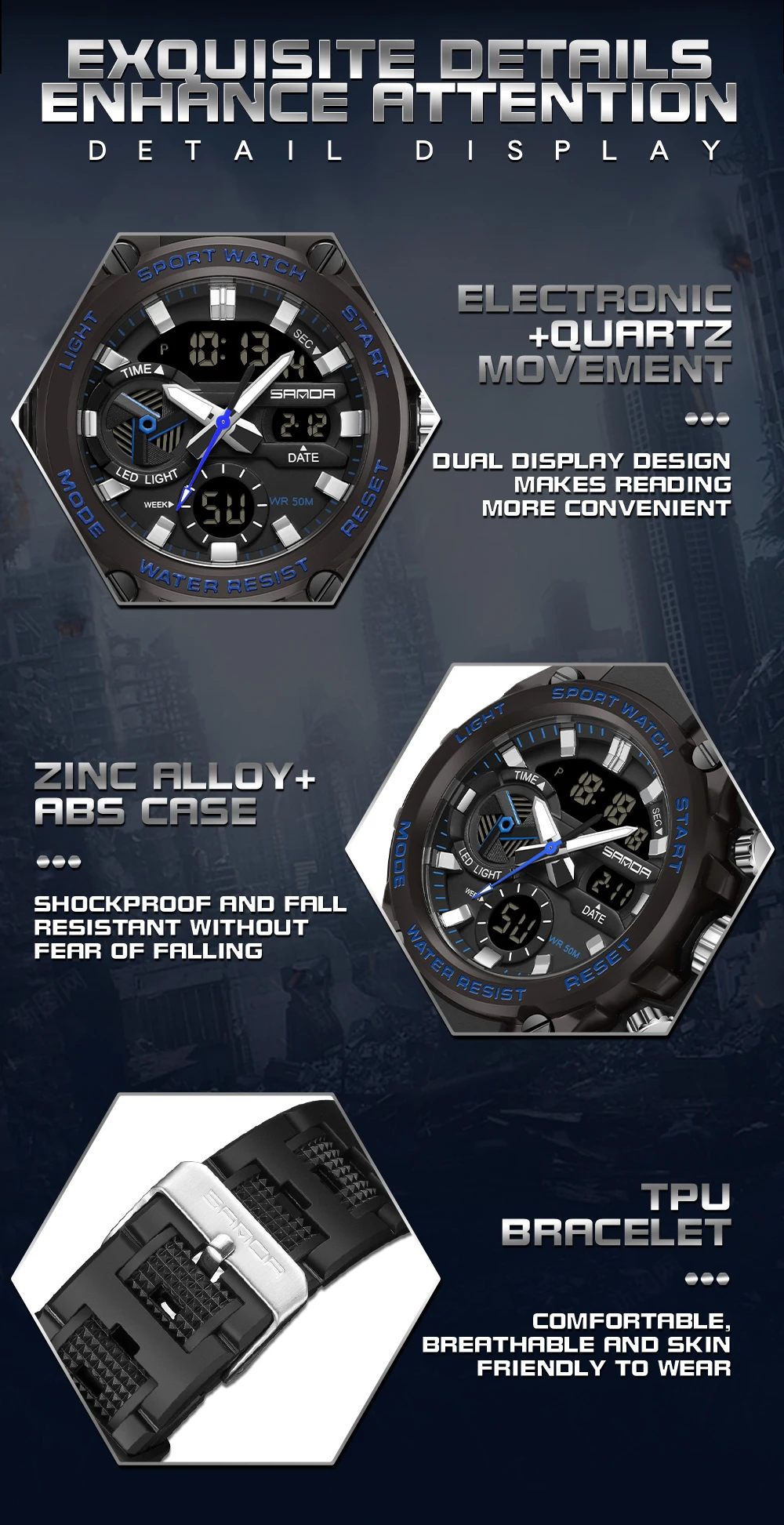 SAMDA-Montres de sport étanches pour hommes, 50m, horloge LED, alarme, affichage pour touristes, montre-bracelet à quartz, militaire, résistant
