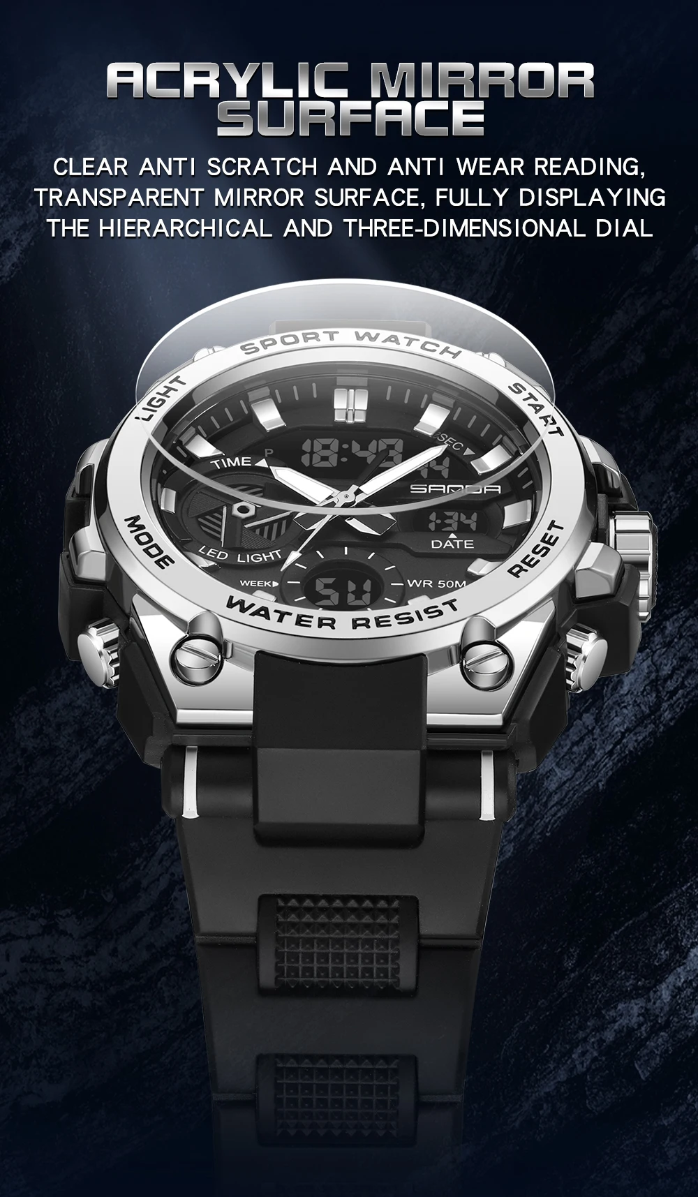 SAMDA-Montres de sport étanches pour hommes, 50m, horloge LED, alarme, affichage pour touristes, montre-bracelet à quartz, militaire, résistant