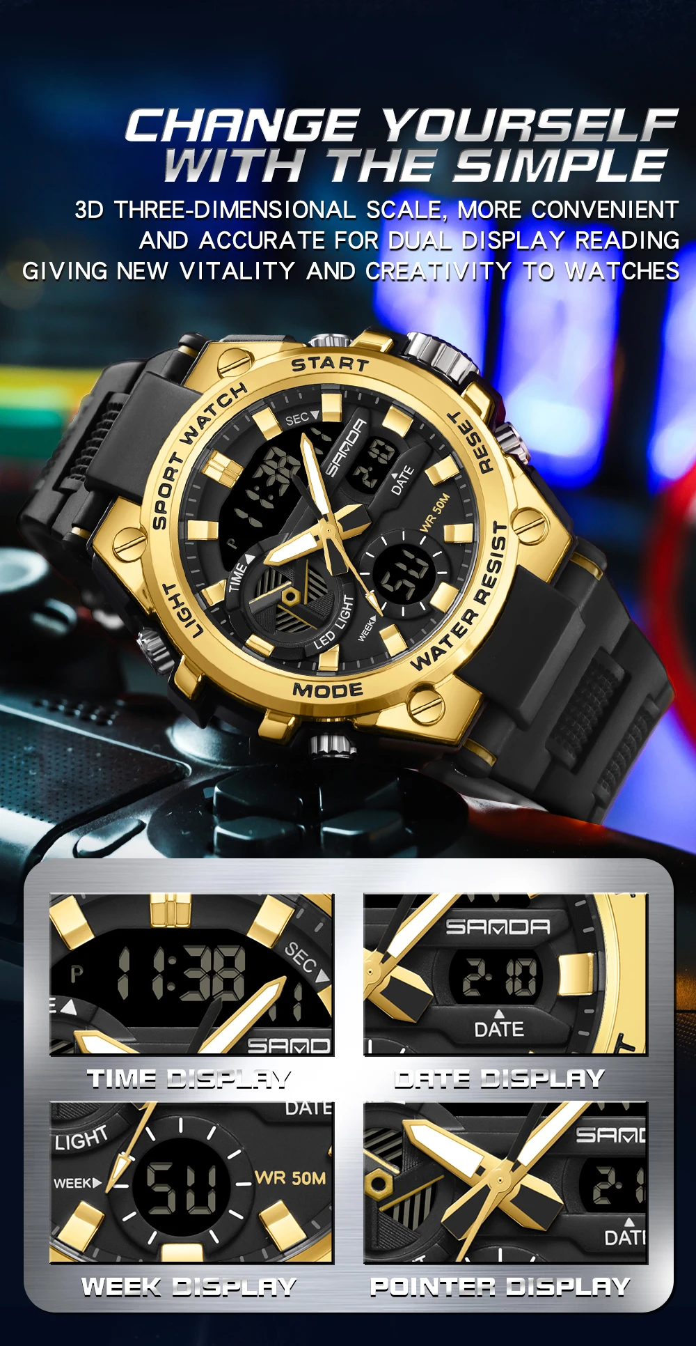 SAMDA-Montres de sport étanches pour hommes, 50m, horloge LED, alarme, affichage pour touristes, montre-bracelet à quartz, militaire, résistant