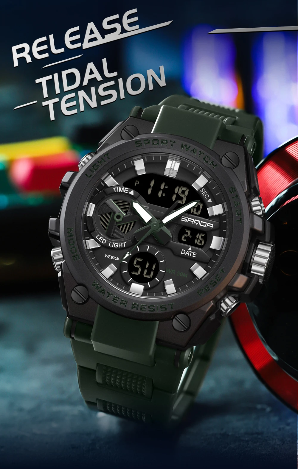 SAMDA-Montres de sport étanches pour hommes, 50m, horloge LED, alarme, affichage pour touristes, montre-bracelet à quartz, militaire, résistant