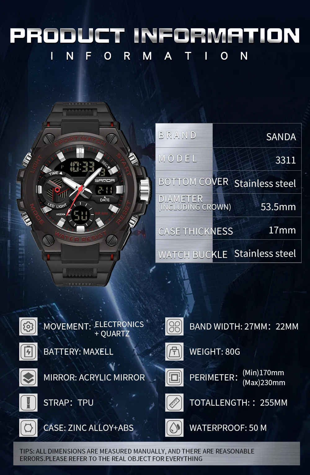 SAMDA-Montres de sport étanches pour hommes, 50m, horloge LED, alarme, affichage pour touristes, montre-bracelet à quartz, militaire, résistant