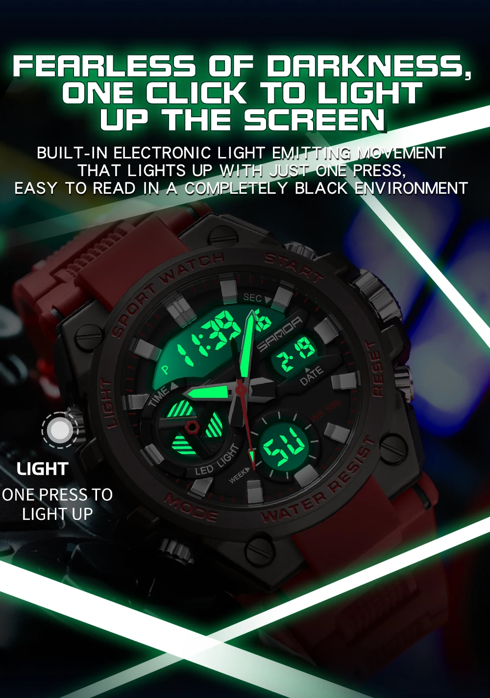SAMDA-Montres de sport étanches pour hommes, 50m, horloge LED, alarme, affichage pour touristes, montre-bracelet à quartz, militaire, résistant