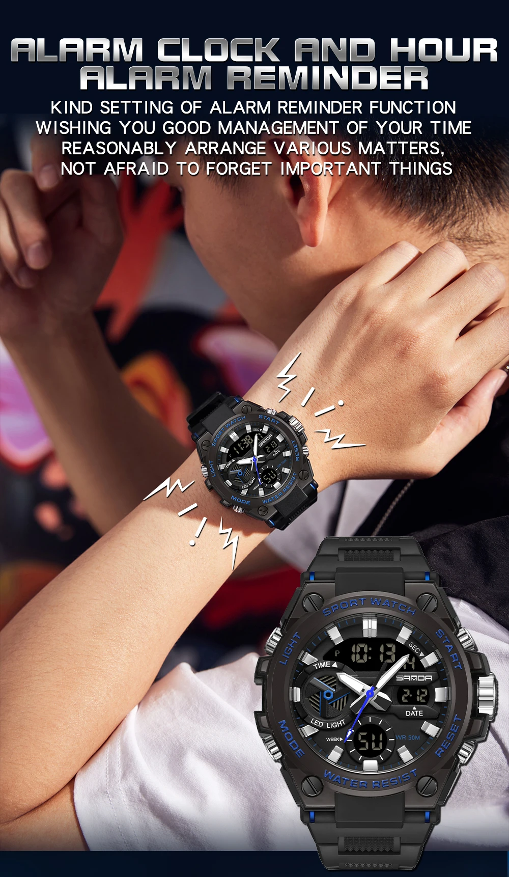 SAMDA-Montres de sport étanches pour hommes, 50m, horloge LED, alarme, affichage pour touristes, montre-bracelet à quartz, militaire, résistant