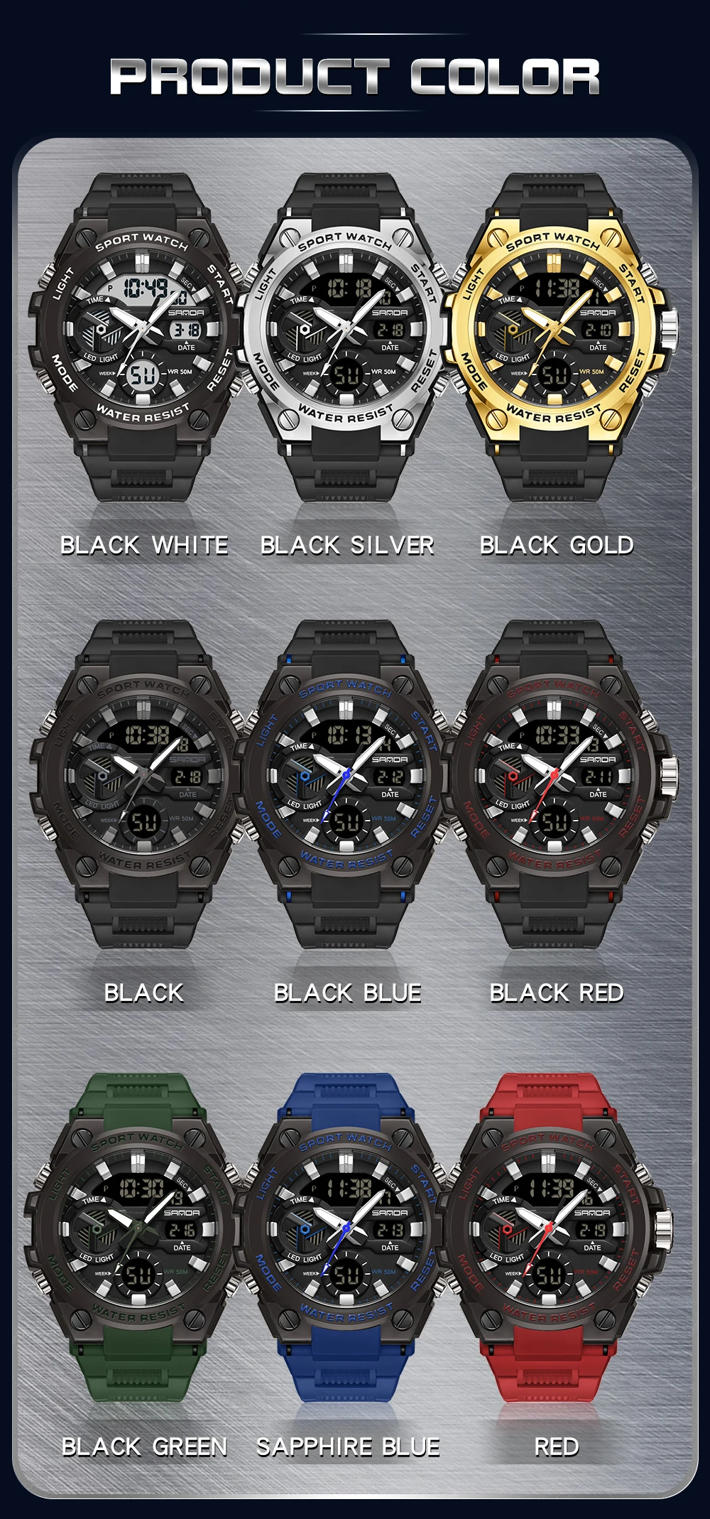SAMDA-Montres de sport étanches pour hommes, 50m, horloge LED, alarme, affichage pour touristes, montre-bracelet à quartz, militaire, résistant