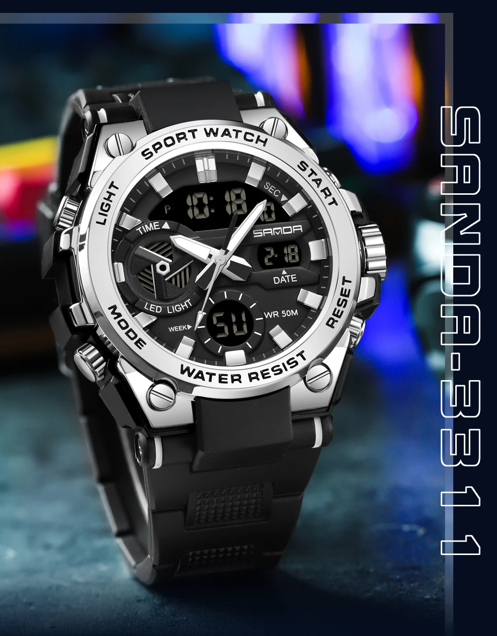SAMDA-Montres de sport étanches pour hommes, 50m, horloge LED, alarme, affichage pour touristes, montre-bracelet à quartz, militaire, résistant