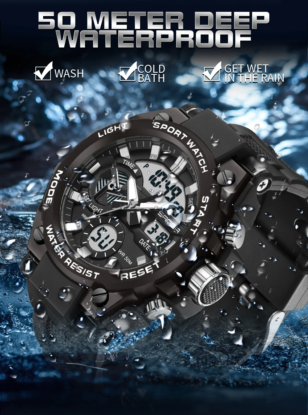SAMDA-Montres de sport étanches pour hommes, 50m, horloge LED, alarme, affichage pour touristes, montre-bracelet à quartz, militaire, résistant