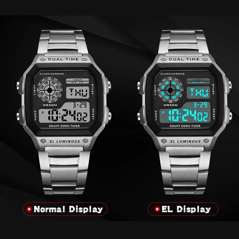 YIKAZE-Montre de sport numérique militaire pour homme, montre-bracelet électronique étanche, acier inoxydable, compte à rebours, cadeau de luxe