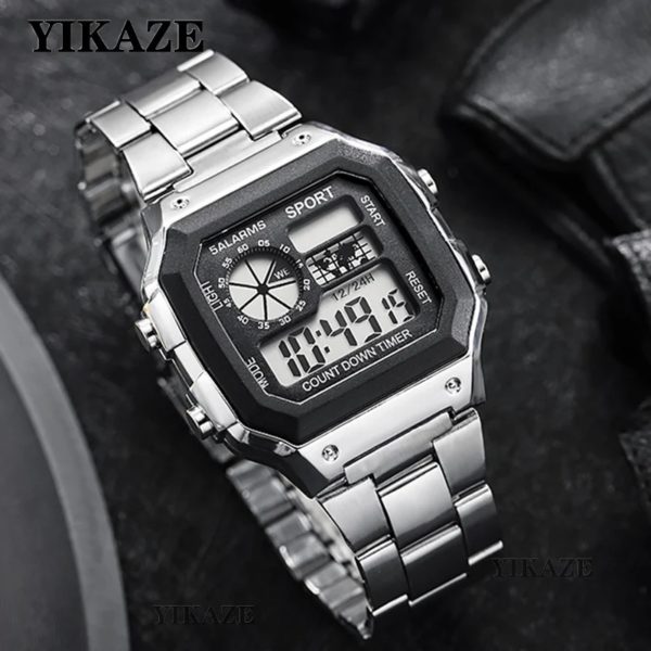 YIKAZE-Montre de sport numérique militaire pour homme, montre-bracelet électronique étanche, acier inoxydable, compte à rebours, cadeau de luxe