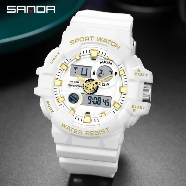 SANDA-Montre à quartz militaire de luxe pour hommes, style G, montre de sport blanche, LED numérique, chronomètre étanche, minuterie, marque supérieure, nouveau, chaud – Image 2