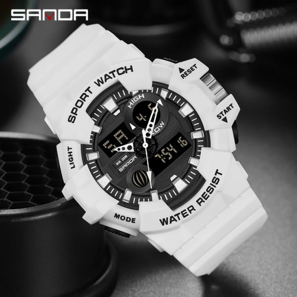 SANDA-Montre à quartz militaire de luxe pour hommes, style G, montre de sport blanche, LED numérique, chronomètre étanche, minuterie, marque supérieure, nouveau, chaud – Image 3