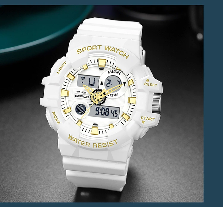 SANDA-Montre à quartz militaire de luxe pour hommes, style G, montre de sport blanche, LED numérique, chronomètre étanche, minuterie, marque supérieure, nouveau, chaud
