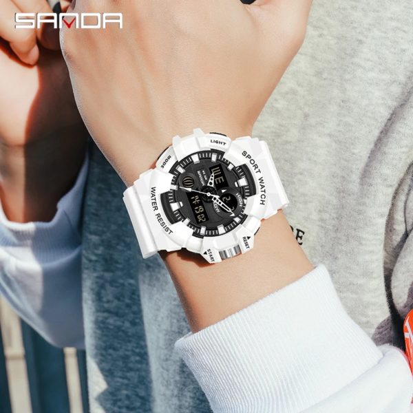 SANDA-Montre à quartz militaire de luxe pour hommes, style G, montre de sport blanche, LED numérique, chronomètre étanche, minuterie, marque supérieure, nouveau, chaud – Image 5