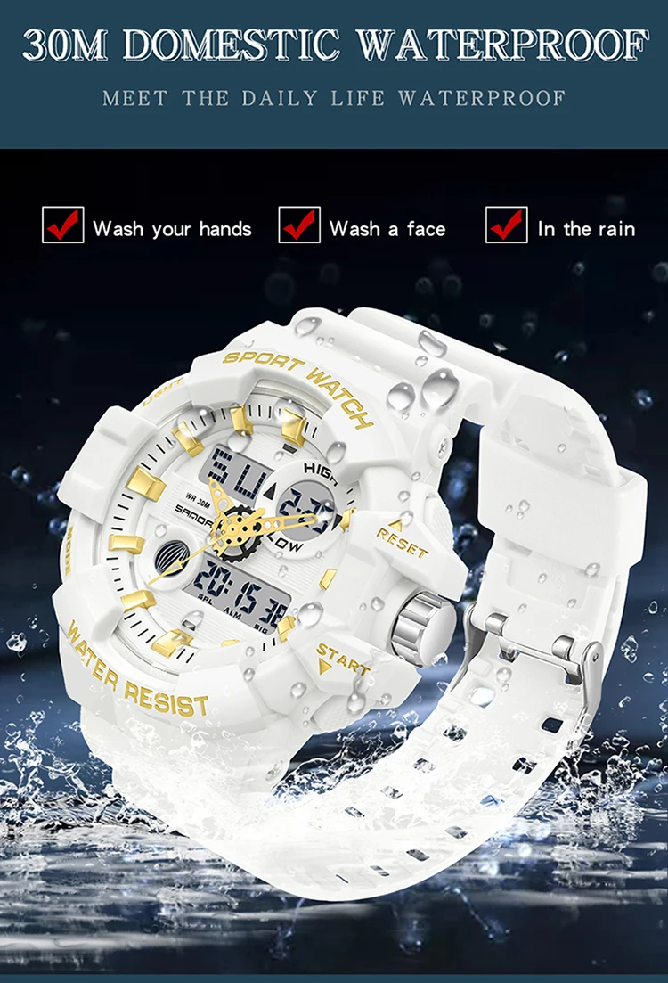 SANDA-Montre à quartz militaire de luxe pour hommes, style G, montre de sport blanche, LED numérique, chronomètre étanche, minuterie, marque supérieure, nouveau, chaud