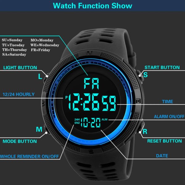 Montre de sport numérique étanche pour homme, chronomètre Shoe décontracté, alarme, montre de l'armée simple pour la course, l'escalade, la pêche – Image 2