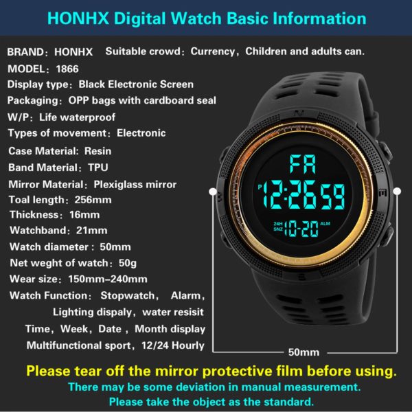 Montre de sport numérique étanche pour homme, chronomètre Shoe décontracté, alarme, montre de l'armée simple pour la course, l'escalade, la pêche – Image 3