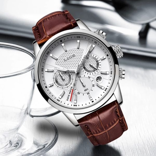 LIGE – montre en cuir pour hommes, horloge à Quartz, mode sport, marque supérieure, style militaire, étanche, Date, 2023 – Image 2